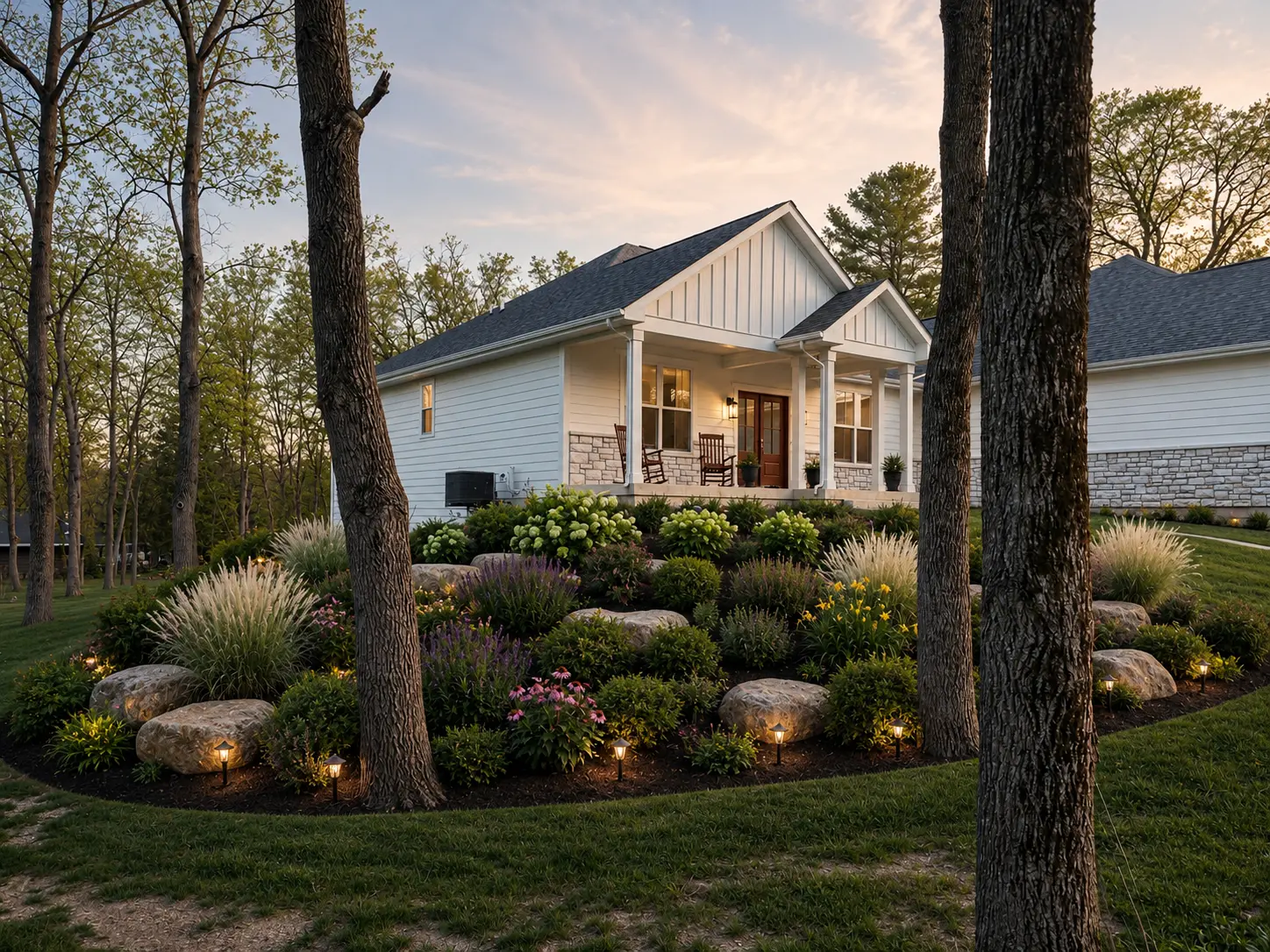 Custom home exterior with landscaped front approach
