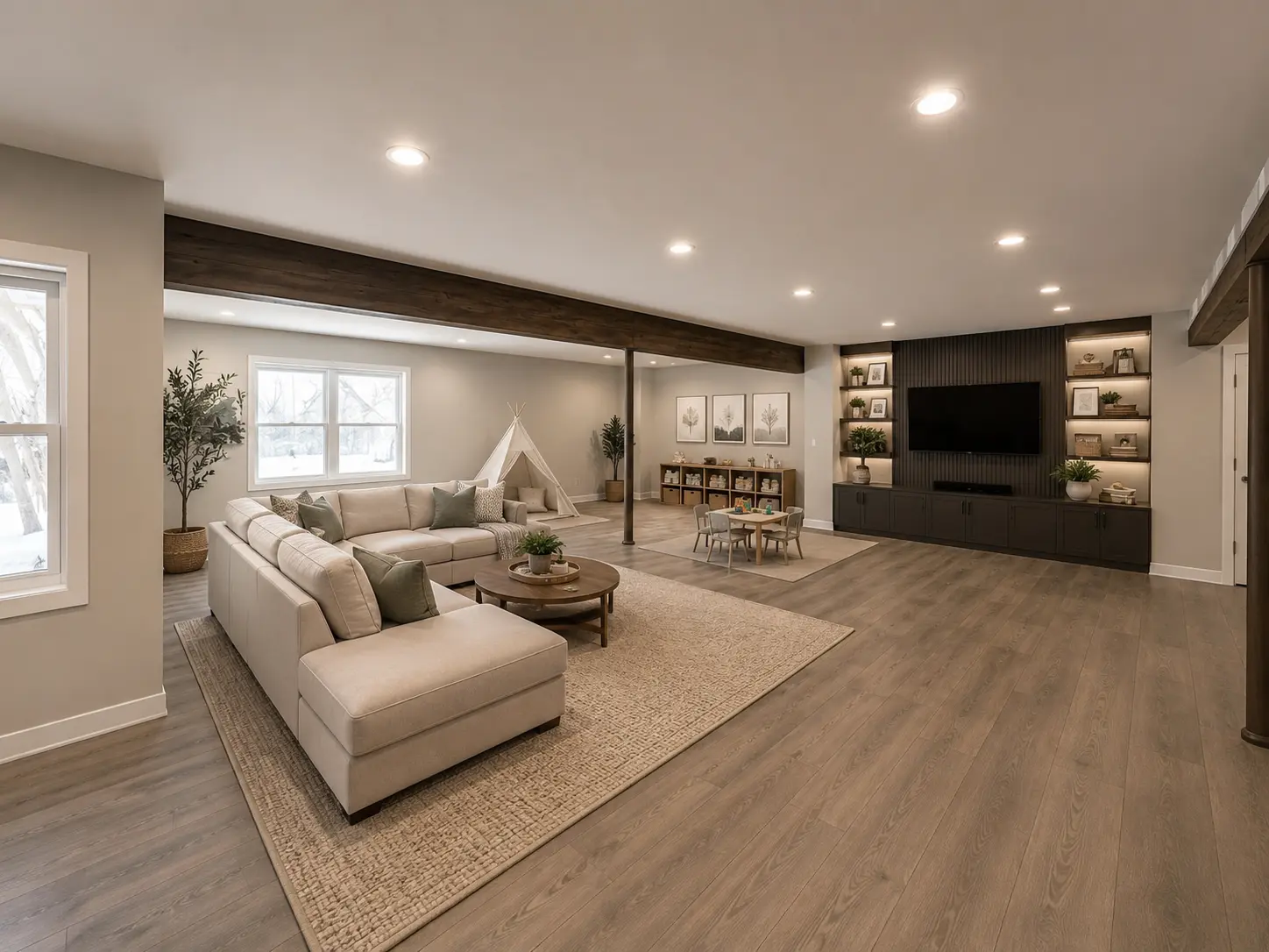 Finished lower level with family room and built-in entertainment wall
