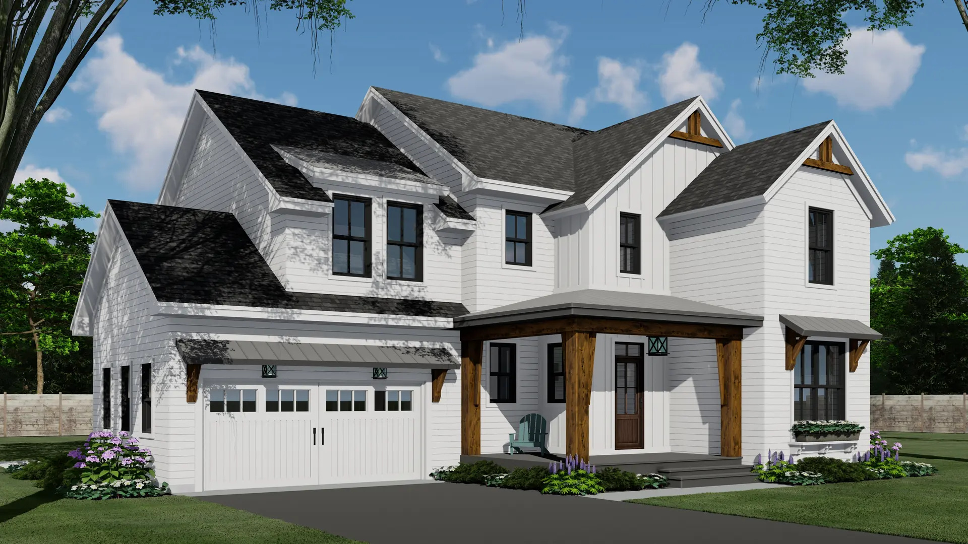 Exterior architectural rendering of the Oak Hill custom home