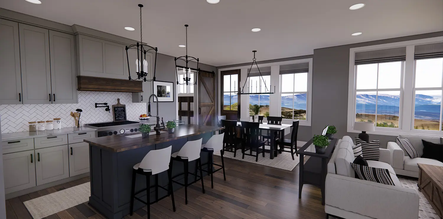 Architectural rendering of the Oak Hill kitchen and dining area